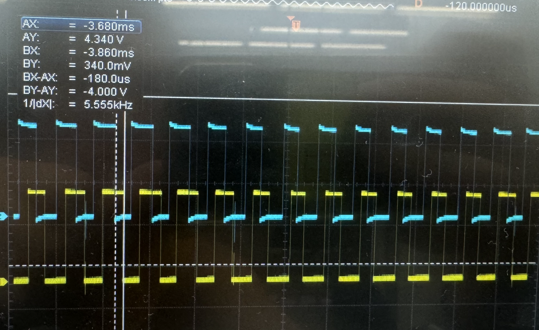 Oscilloscope of quadrature encoder output at 12 V